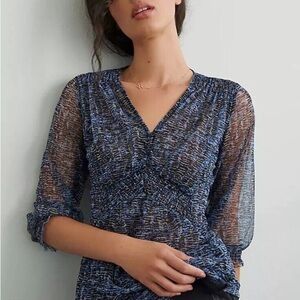 Anthropologie Gretchen Smocked Tunic Blouse Size L Black Blue Motif Sheer Boho